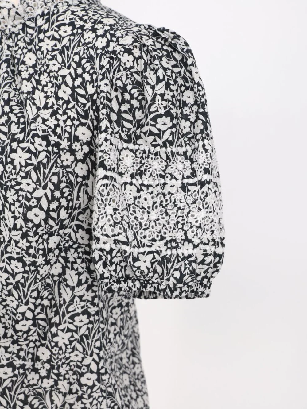 BODEN Floral Ruffle Mockneck Short Puff Sleeve Cotton Top Size 8